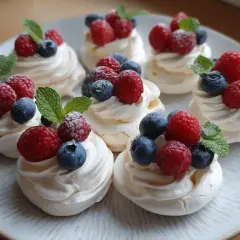 Mini pavlovy z malinami i borówkami, idealne na letnie przyjęcie. Prosty pavlova przepis na pyszny deser.