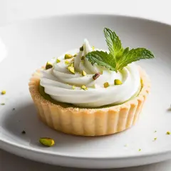 Pyszne tartaletki pistacjowe z kremem i listkiem mięty, posypane posiekanymi pistacjami.