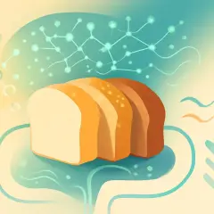 Kromki chleba w pastelowych barwach, symbolizujące najzdrowszy chleb na jelita, unoszą się nad abstrakcyjnym kształtem przypominającym układ trawienny.