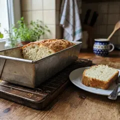 Świeżo upieczony bochenek chleba w keksówce i kromka na talerzyku. To musi być najlepsza drożdżówka na świecie, pachnąca domem.