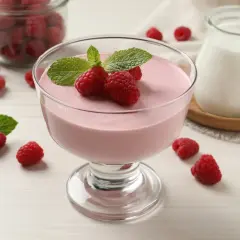 Różowy mus malinowy w pucharku z malinami i miętą, obok słoiczek z mlekiem.