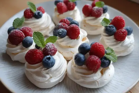 Mini pavlovy z malinami i borówkami, idealne na letnie przyjęcie. Prosty pavlova przepis na pyszny deser.