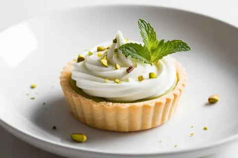 Pyszne tartaletki pistacjowe z kremem i listkiem mięty, posypane posiekanymi pistacjami.