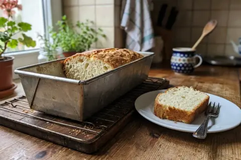 Świeżo upieczony bochenek chleba w keksówce i kromka na talerzyku. To musi być najlepsza drożdżówka na świecie, pachnąca domem.