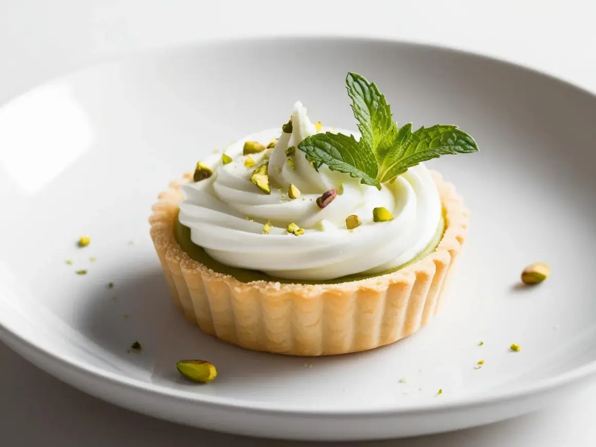 Pyszne tartaletki pistacjowe z kremem i listkiem mięty, posypane posiekanymi pistacjami.