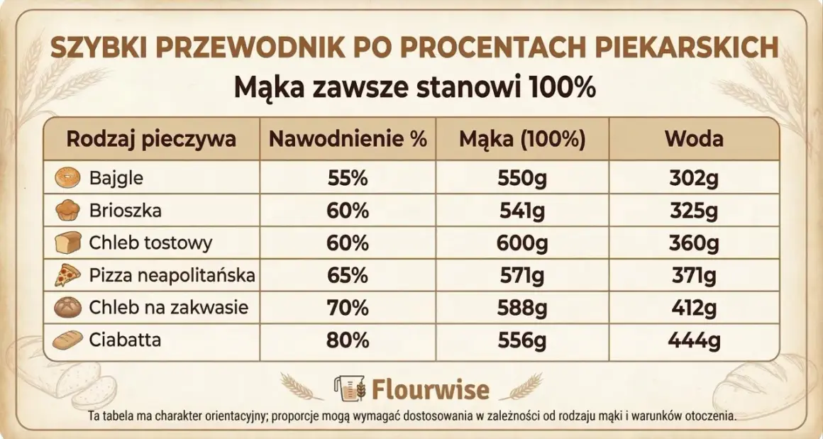 Tabela pokazuje, ile zakwasu do chleba i wody potrzebujesz do różnych wypieków, np. chleba na zakwasie (70% nawodnienia).
