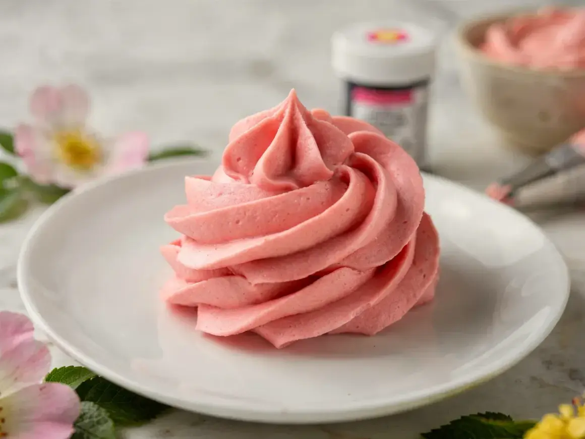 Różowy krem szwajcarski na białym talerzyku, ozdobiony kwiatami dzikiej róży. W tle widać składniki do dekoracji.