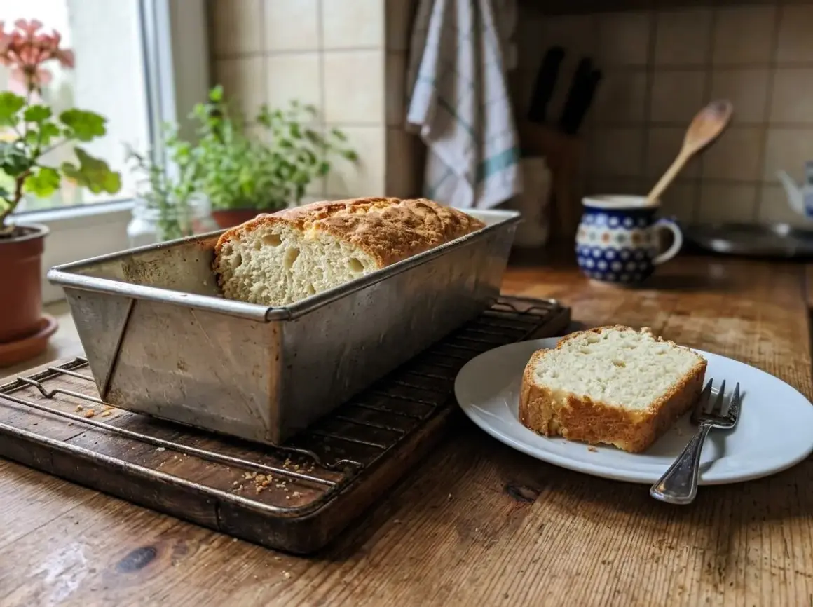 Świeżo upieczony bochenek chleba w keksówce i kromka na talerzyku. To musi być najlepsza drożdżówka na świecie, pachnąca domem.