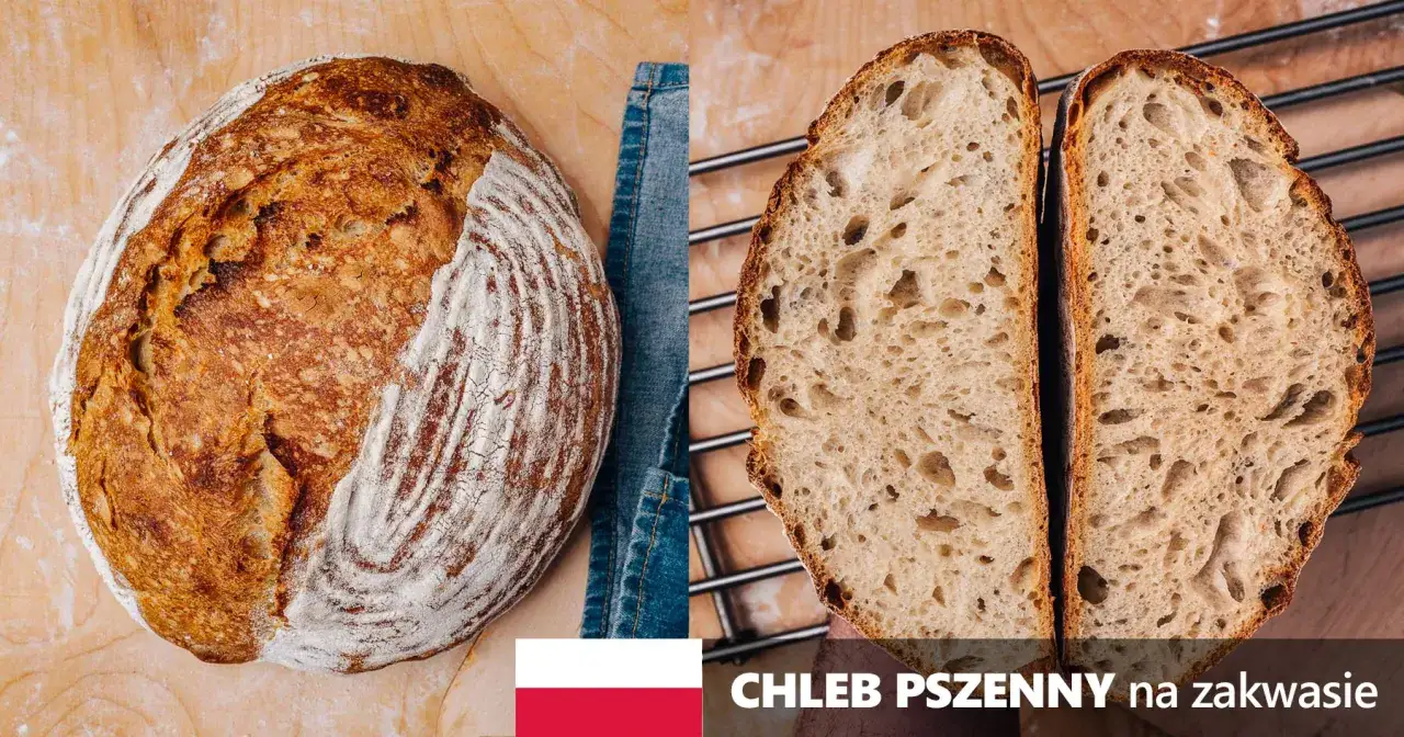 Chleb pszenny na zakwasie, z chrupiącą skórką i puszystym wnętrzem, gotowy do krojenia.