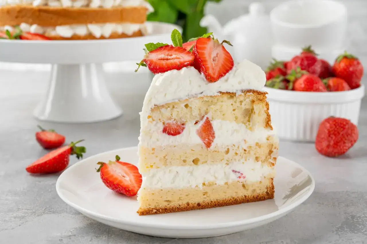 Puszysty biszkopt przełożony kremem z mascarpone i bitą śmietaną, z kawałkami truskawek. Idealne proporcje dla każdego.
