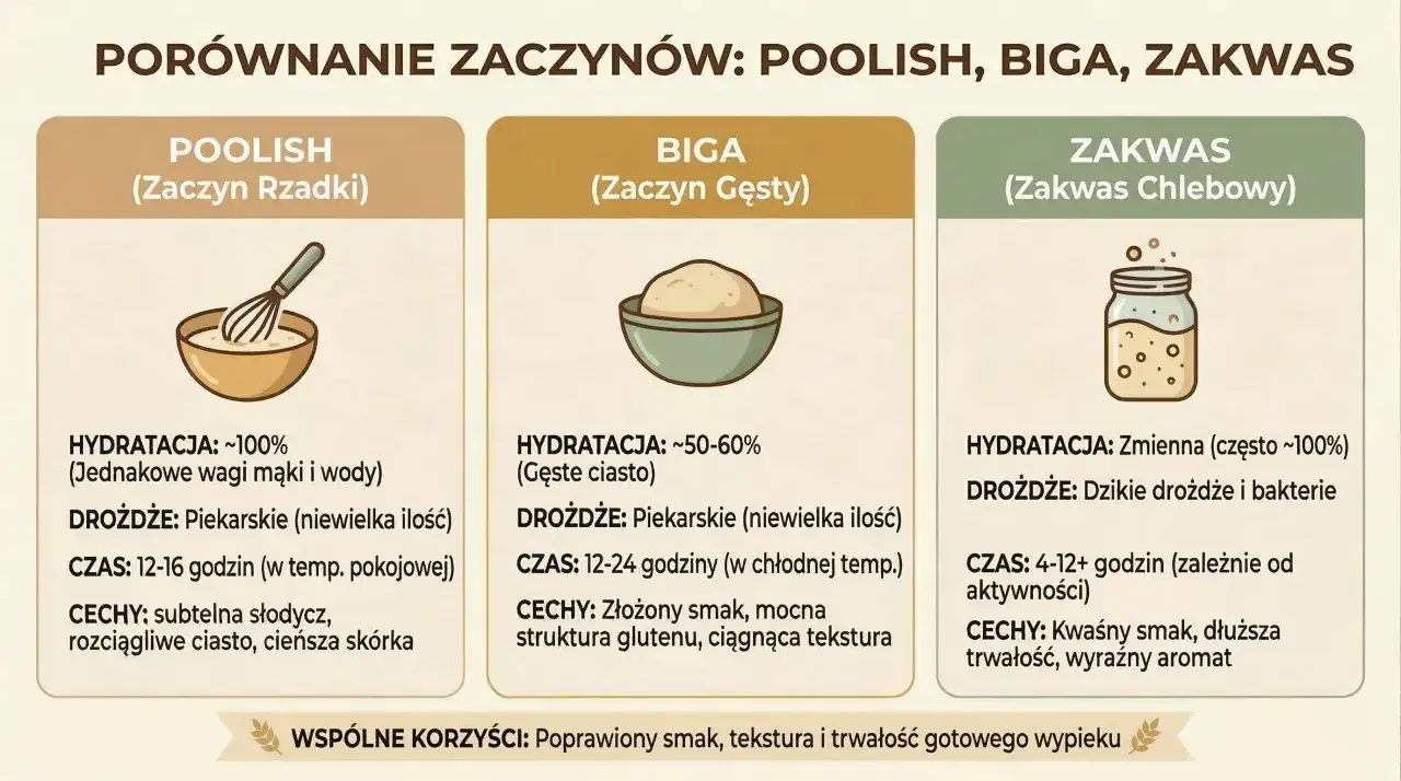 Porównanie zaczynów: poolish, biga i zakwas. Zakwas chlebowy w słoiku, poolish w misce z trzepaczką, biga w misce.