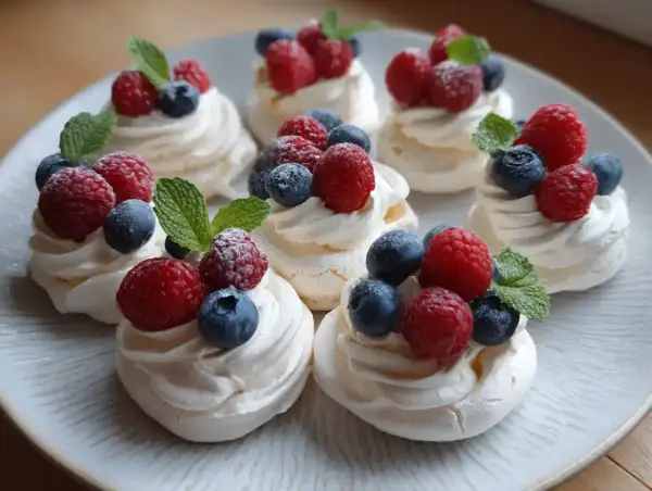 Mini pavlovy z malinami i borówkami, idealne na letnie przyjęcie. Prosty pavlova przepis na pyszny deser.