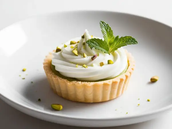 Pyszne tartaletki pistacjowe z kremem i listkiem mięty, posypane posiekanymi pistacjami.